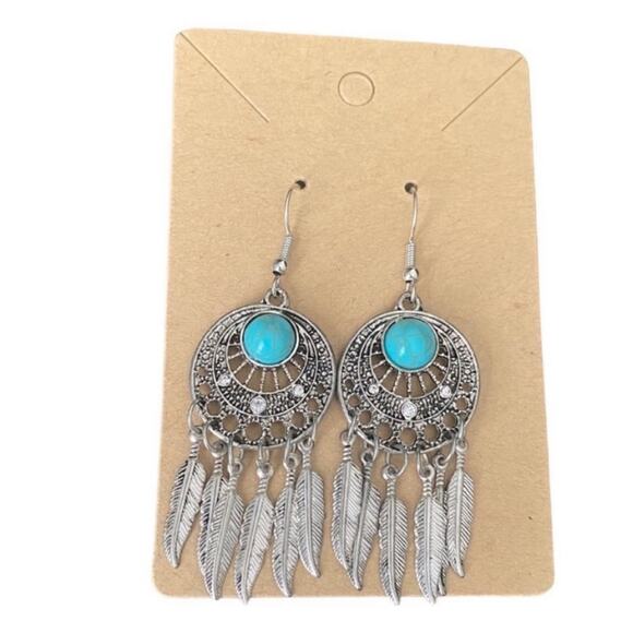 Silver Tone and Turquoise Dreamcatcher Feather Drop Earrings - Picture 3 of 3